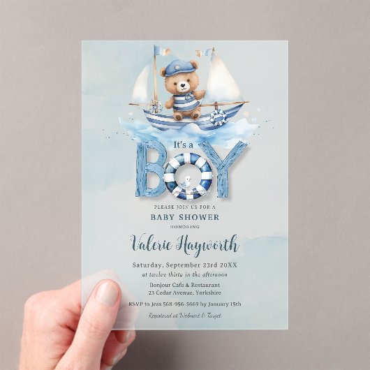 可愛い航海の青いボートテディベア男の子ベイビーシャワー アクリル招待状 (インサイチュ (ポータブル))