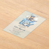 可愛い航海の青いボートテディベア男の子ベイビーシャワー アクリル招待状 (レイダウン)