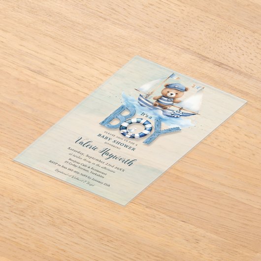 可愛い航海の青いボートテディベア男の子ベイビーシャワー アクリル招待状 (レイダウン)