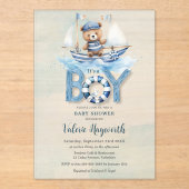可愛い航海の青いボートテディベア男の子ベイビーシャワー アクリル招待状 (正面)