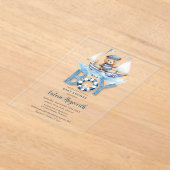 可愛い航海の青いボートテディベア男の子ベイビーシャワー アクリル招待状 (レイダウン)