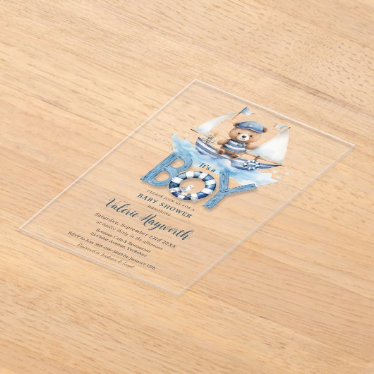 可愛い航海の青いボートテディベア男の子ベイビーシャワー アクリル招待状 (レイダウン)