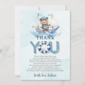 可愛い航海の青いボートテディベア男の子ベイビーシャワー サンキューカード (正面)