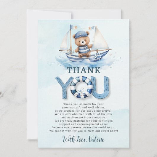 可愛い航海の青いボートテディベア男の子ベイビーシャワー サンキューカード (正面)