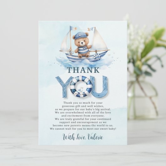 可愛い航海の青いボートテディベア男の子ベイビーシャワー サンキューカード (スタンド正面)