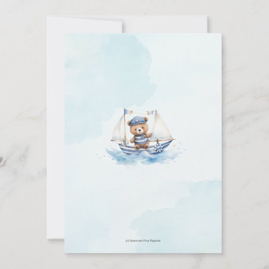 可愛い航海の青いボートテディベア男の子ベイビーシャワー サンキューカード (裏面)