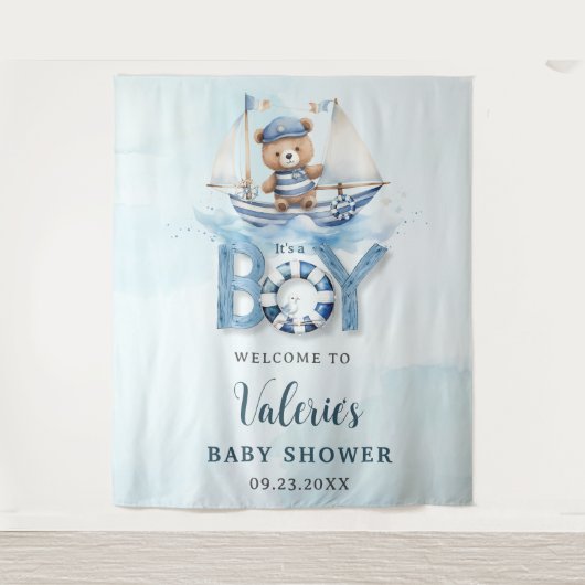 可愛い航海の青いボートテディベア男の子ベイビーシャワー タペストリー (正面)