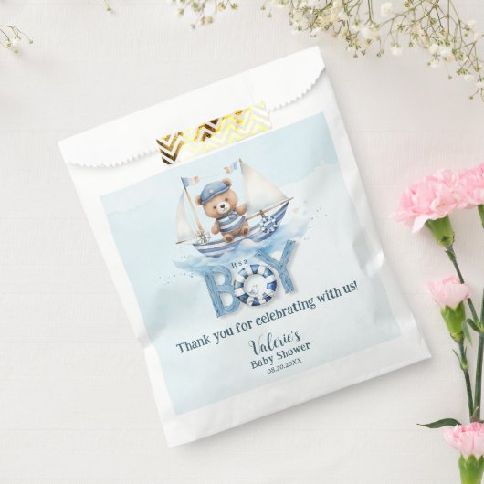 可愛い航海の青いボートテディベア男の子ベイビーシャワー フェイバーバッグ (封をした状態)