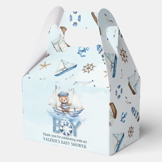 可愛い航海の青いボートテディベア男の子ベイビーシャワー フェイバーボックス (裏面)