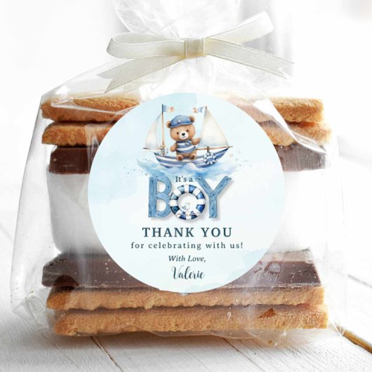 可愛い航海の青いボートテディベア男の子ベイビーシャワー ラウンドシール