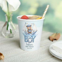 可愛い航海の青いボートテディベア男の子ベイビーシャワー 紙コップ