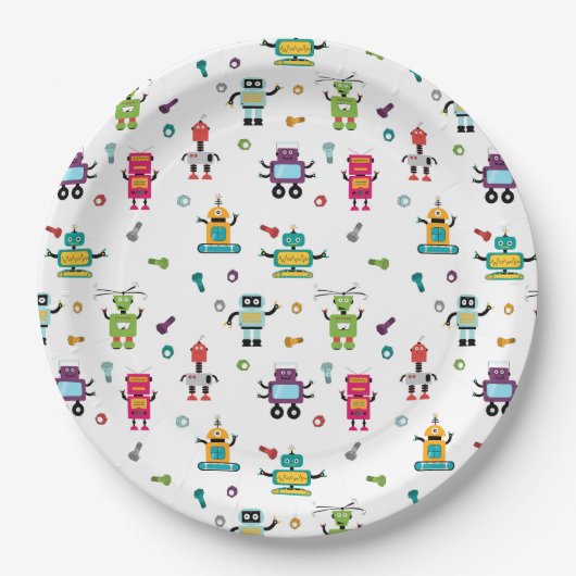 可愛い色数々ののロボット子供ロボット誕生日パーティー ペーパープレート (正面)