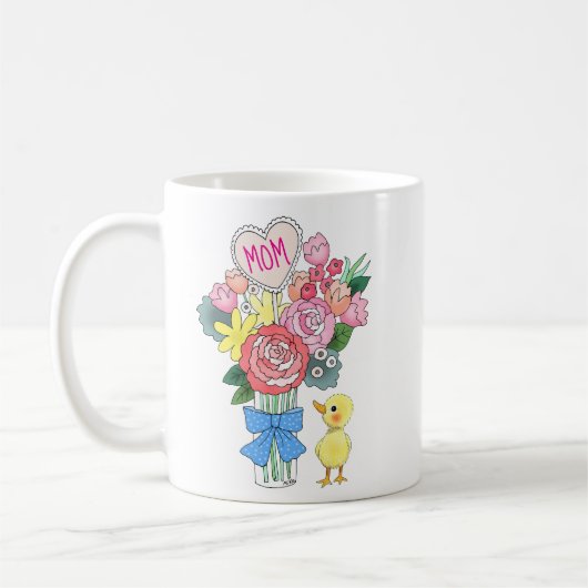 可愛い花とアヒルの赤ちゃん ママへのギフト コーヒーマグカップ (左)