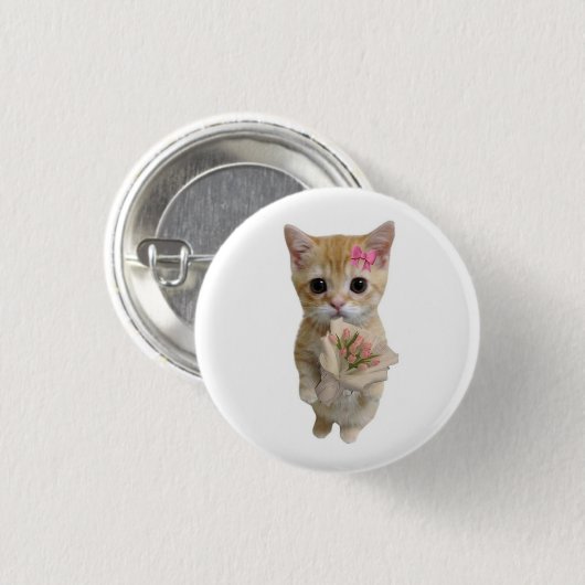 可愛い花を持つ子猫のピンバッジ | 優しい猫のボタン 缶バッジ (正面&裏面)