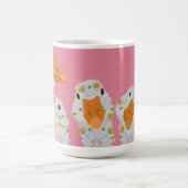 可愛い花柄のガチョウ4羽 ピンク コーヒーマグカップ (中央)