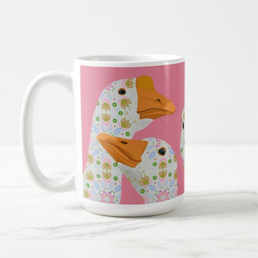 可愛い花柄のガチョウ4羽 ピンク コーヒーマグカップ (左)
