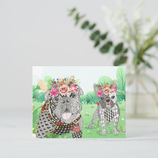 可愛い英語フランスのとブルドッグのグリーティングカード 招待状 (スタンド正面)