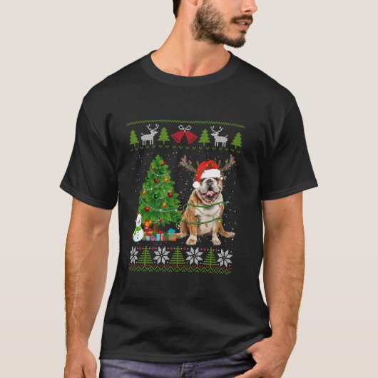 可愛い英語ブルドッグ犬サンタハット醜いセーターXm Tシャツ (正面)