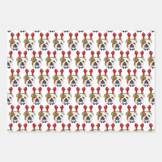 可愛い英語ブルドッグ&レッドストライプのクリスマス ラッピングペーパーシート (正面)