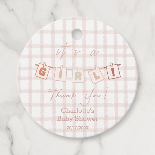 可愛い茶色のギンガムノート赤ちゃんシャワー フェイバータグ (正面)