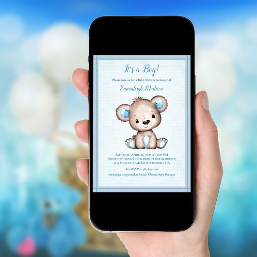可愛い茶色のクマの男の子のシャワー 招待状