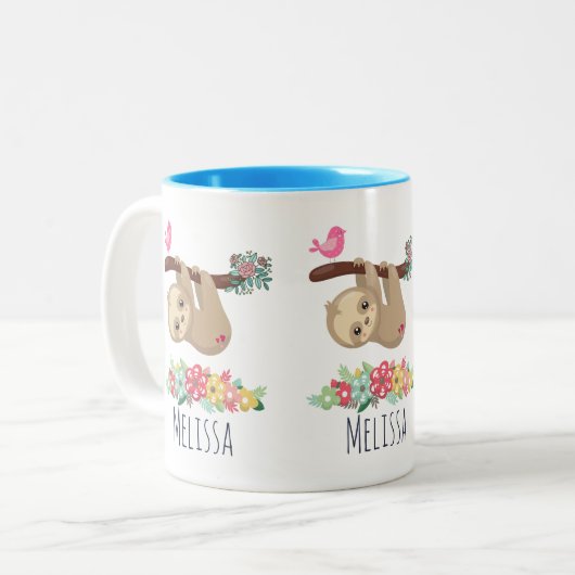 可愛い茶色のナマケモノぶら下がったの上下逆さ ツートーンマグカップ (正面左)