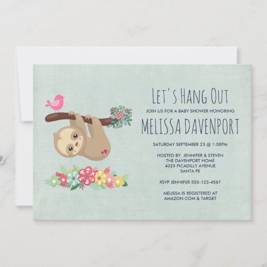 可愛い茶色のナマケモノぶら下がったの逆さまに赤ちゃんシャワー 招待状 (正面)