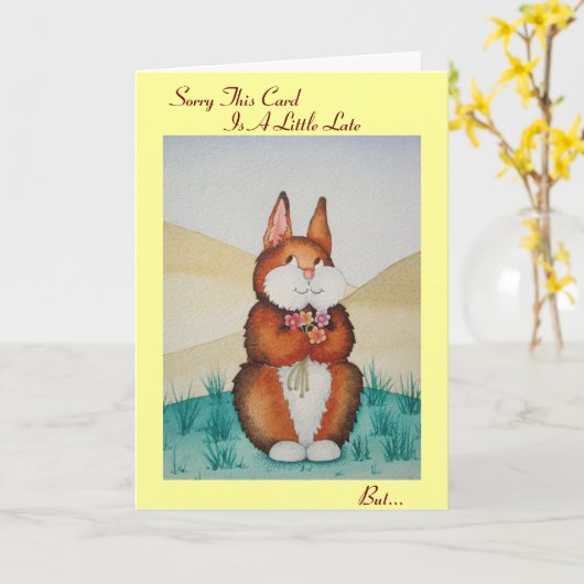 可愛い茶色のバニーのウサギの花の誕生日 カード (黄色い花)