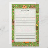 可愛い茶色のピンクのオレンジ色のフクロウが緑 便箋 (正面/裏面)