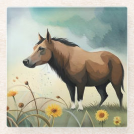 可愛い茶色のポニーフローラ畑 ガラスコースター