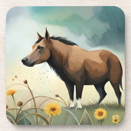 可愛い茶色のポニーフローラ畑 コースター (正面)