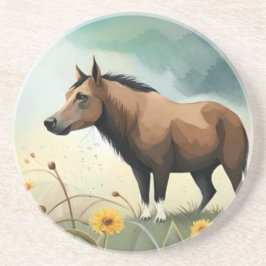 可愛い茶色のポニーフローラ畑 コースター