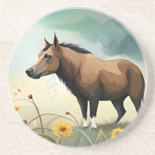 可愛い茶色のポニーフローラ畑 コースター (正面)