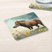 可愛い茶色のポニーフローラ畑 スクエアペーパーコースター (アングル)