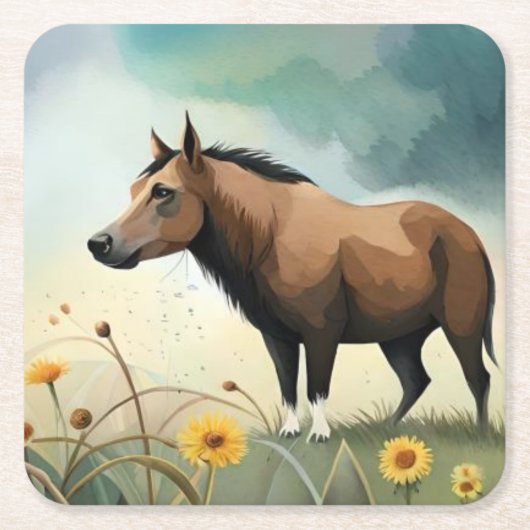 可愛い茶色のポニーフローラ畑 スクエアペーパーコースター (正面)