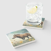 可愛い茶色のポニーフローラ畑 ストーンコースター (横)