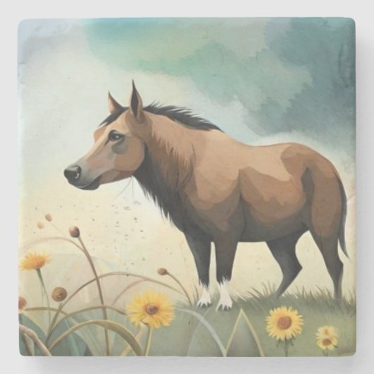 可愛い茶色のポニーフローラ畑 ストーンコースター (正面)