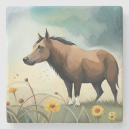 可愛い茶色のポニーフローラ畑 ストーンコースター