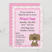 可愛い茶色の子犬ピンクの女の子の赤ちゃんシャワー 招待状 (正面/裏面)