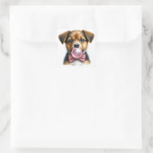 可愛い茶色の子犬ピンクの弓タイ吹のバブルガム スクエアシール (バッグ)