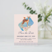 可愛い茶色の水色の鹿の結婚式の日付を保存 ポストカード (スタンド正面)