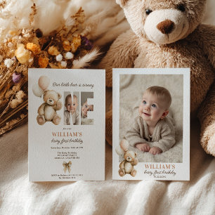 可愛い茶色のBeary 1st誕生日テディベア写真 招待状