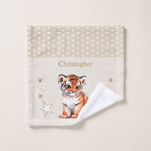 可愛い虎の名前を追加水玉模様スターブラウン ウォッシュタオル (ウォッシュタオル)