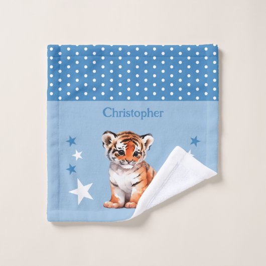 可愛い虎の名前を追加水玉模様星ブルー ウォッシュタオル (ウォッシュタオル)
