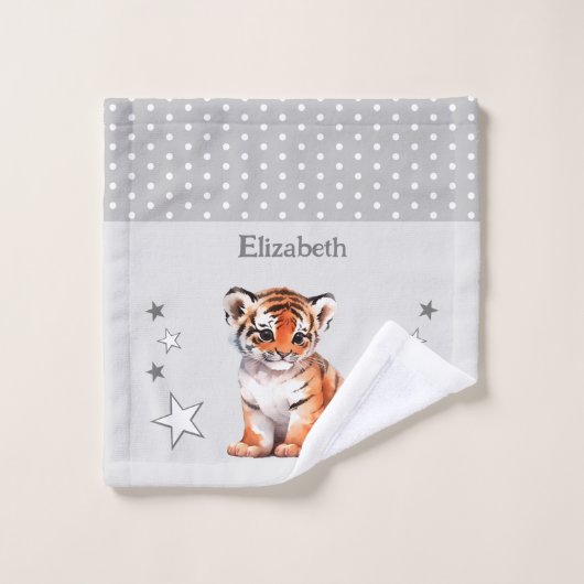 可愛い虎の名前を追加水玉模様星灰色 ウォッシュタオル (ウォッシュタオル)