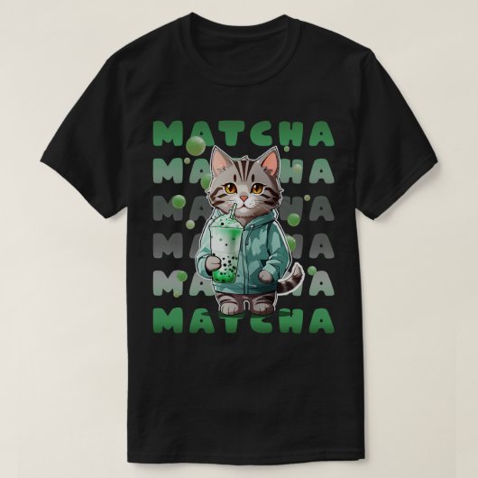 可愛い虎猫キットインフード付きスウェットシャツ飲む抹茶グリーン Tシャツ (デザイン正面)
