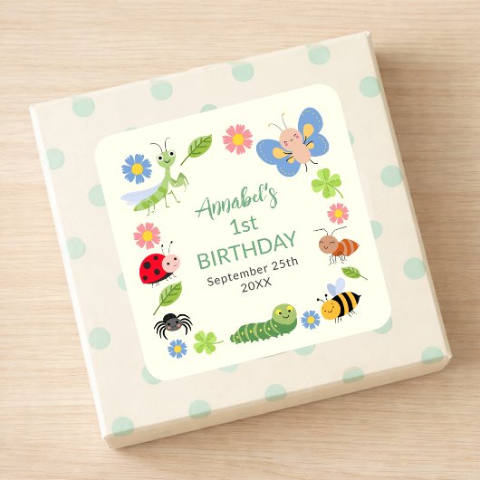 可愛い虫レディバグ蝶々子供1歳の誕生日 スクエアシール
