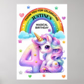 可愛い虹とユニコーンの4歳の誕生日パーティー ポスター (正面)