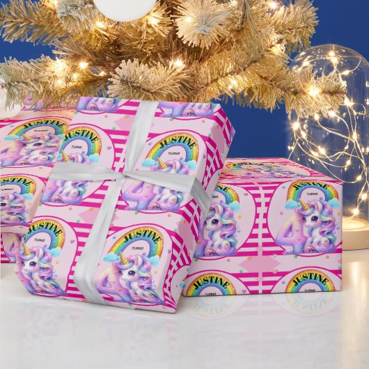 可愛い虹とユニコーンの4歳の誕生日 ラッピングペーパー (クリスマス)