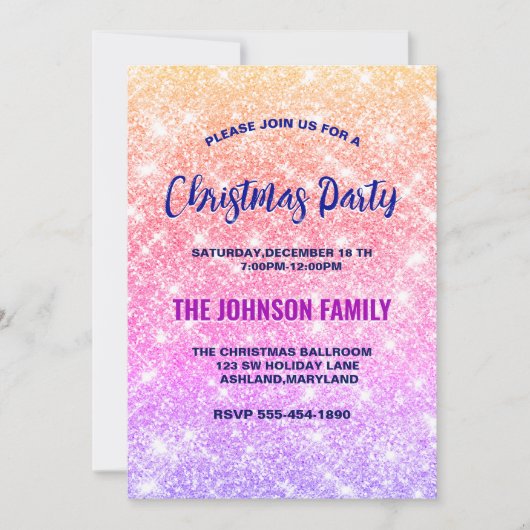 可愛い虹色のグラデーショングリッターフェイククリスマス 招待状 (正面)